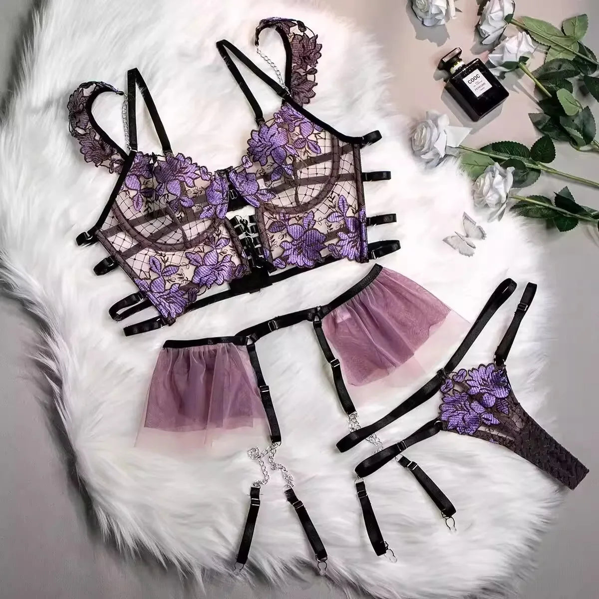 Sexy Lingerie Set Women Purple Hollow Embroidery Flower Patterns Mesh Perspective Splicing Lingerie Role Play Temptation Costume