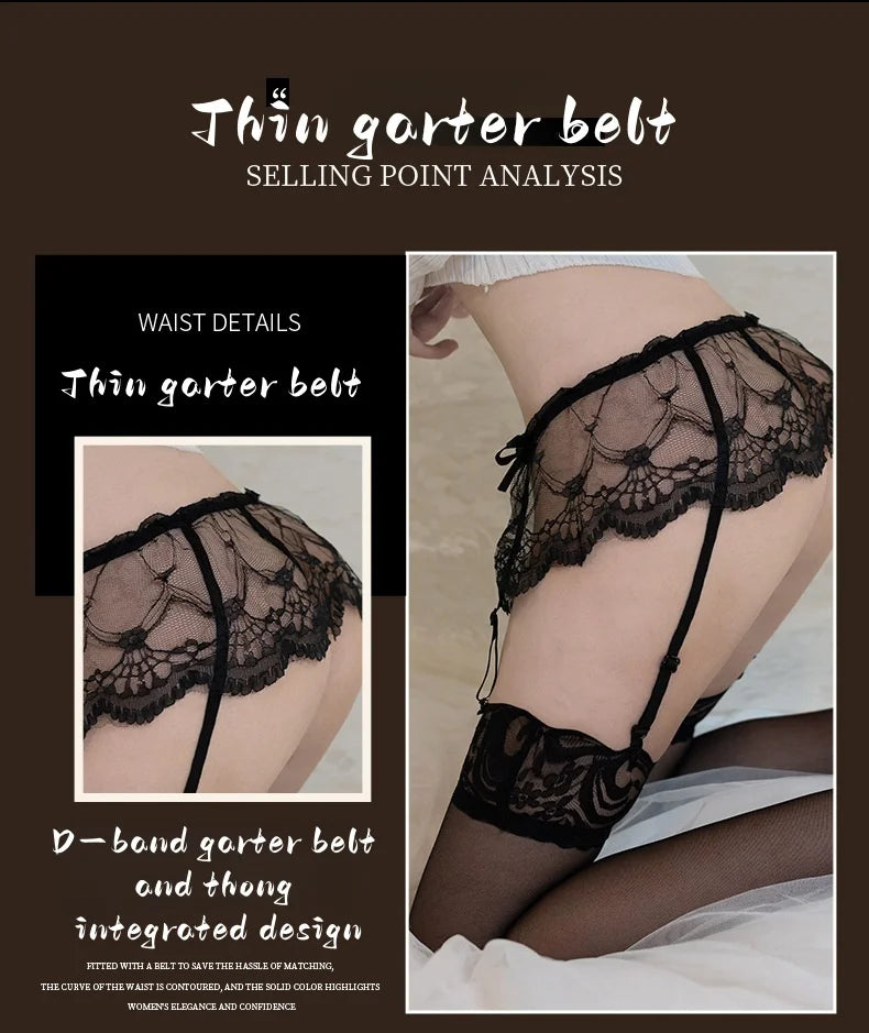 Sexy Lingerie Set with See-through Lace Garter Belt Stockings And Thong Underwear for Alluring Charm And Sensual Appeal
