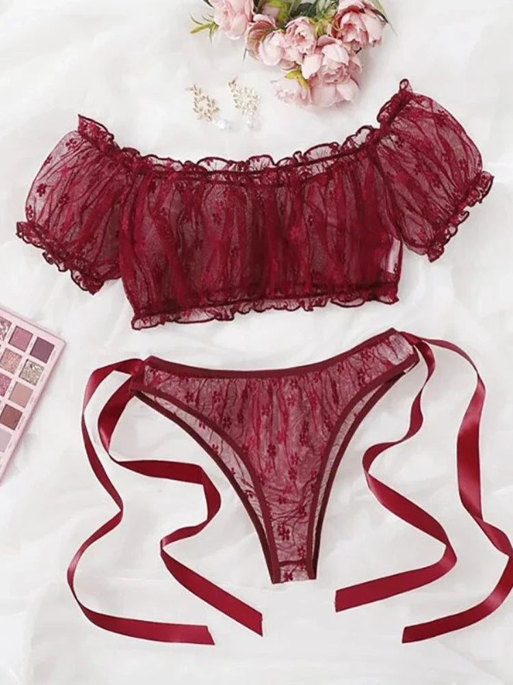 Sensual Lingerie Woman Sexy Bra Set See Through Exotic Sets Babydoll Lingerie Floral Off Shoulder Bralette Ruffle Sexy Underwear