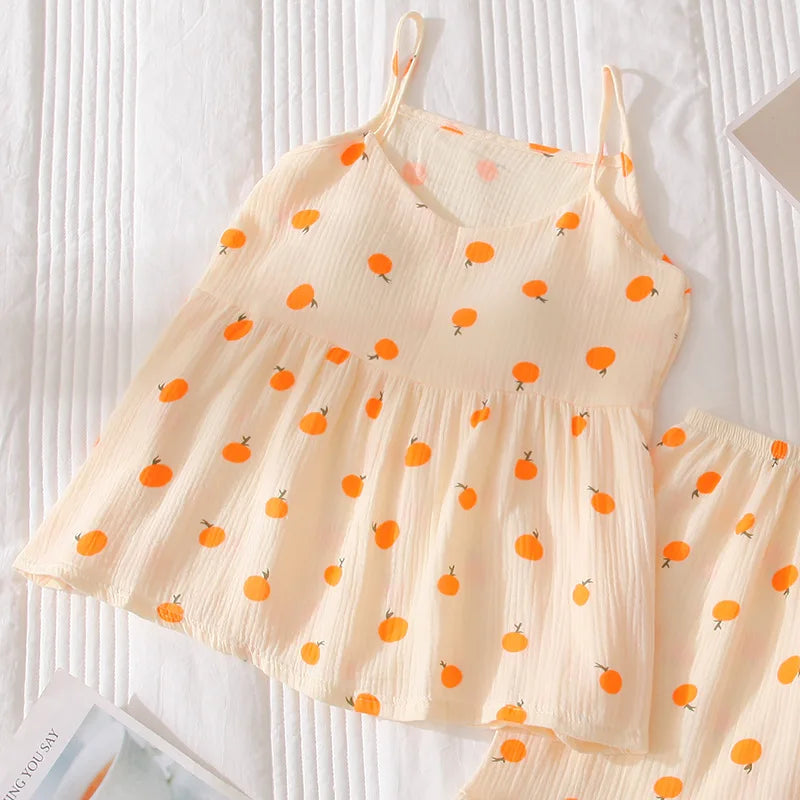 2026Women's Summer Cotton Sleepwear Sets Girl's Camisole Vest with Chest Cushion Shorts Cute Floral Two-piece Home Suit Set 2PCS