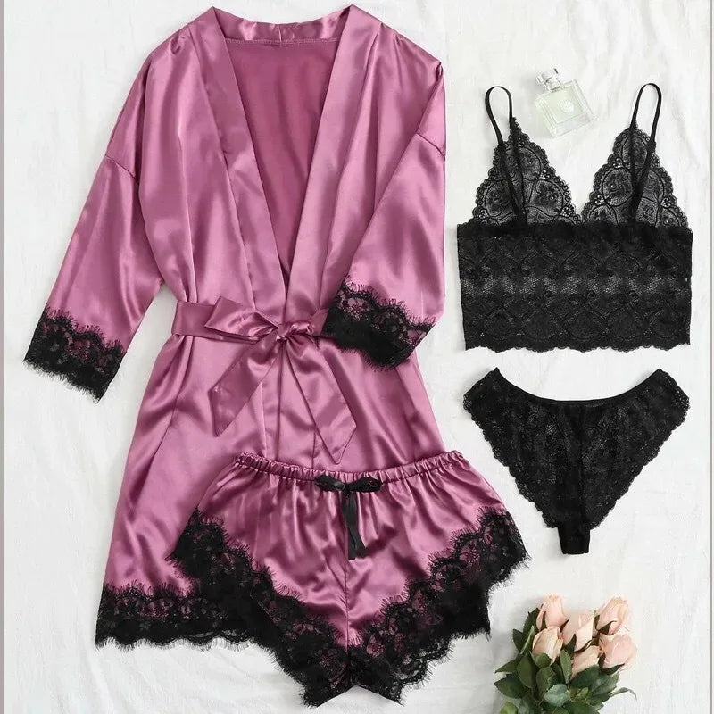 4PCS Satin Pajama Set with Robe - Lace Trim Cami Top & Shorts, The Viral Must-Have Elegant Loungewear for Women's Sleepwear