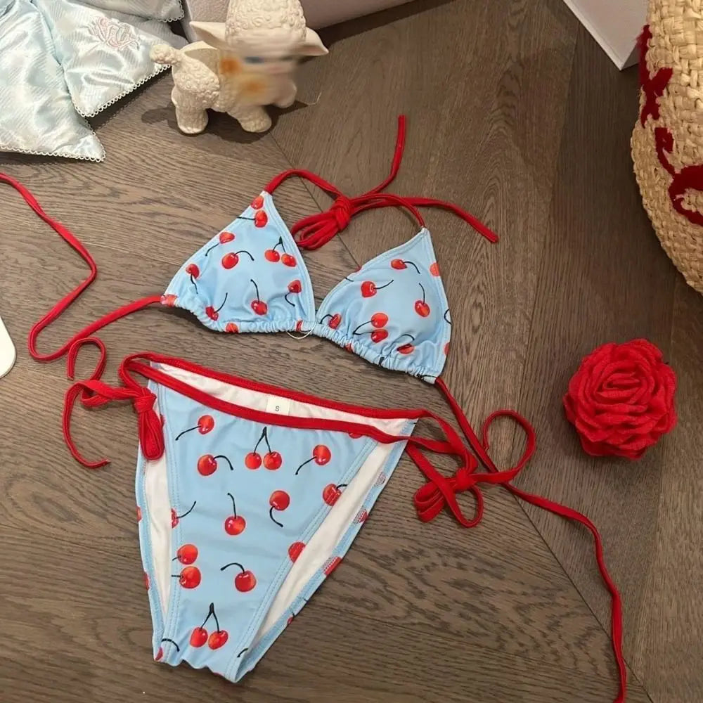 Cover-Ups Pure Color Cherry Bikini Set Push Up Mesh Lace Up Four Piece Set Print Pattern Wrap Skirt Sexy Swimwear Beach Wear