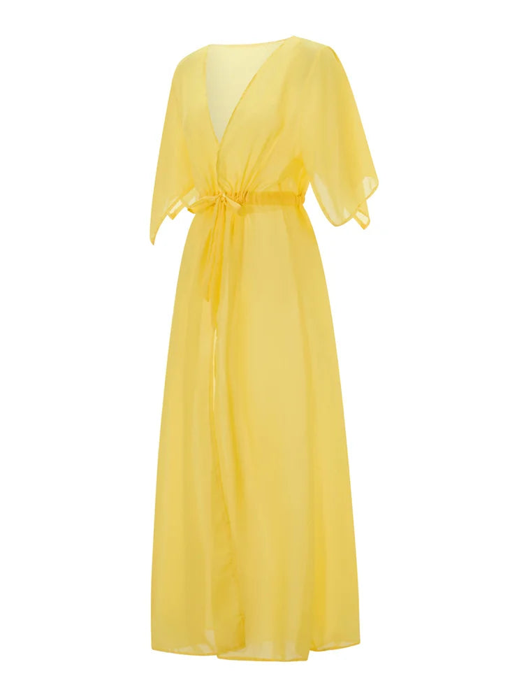Women See Through Bikini Cover-ups Mesh Short Sleeve Cardigan Beach Dress Summer Sexy Swimwear Cover Ups