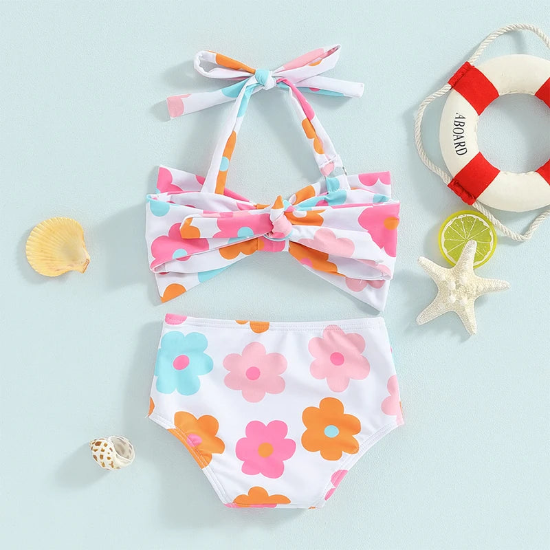 Citgeett Summer Kids Girls Bikini Outfits Set Flower Plaid Print Sleeveless Bow Bikini Tops Shorts Swimsuit Clothes