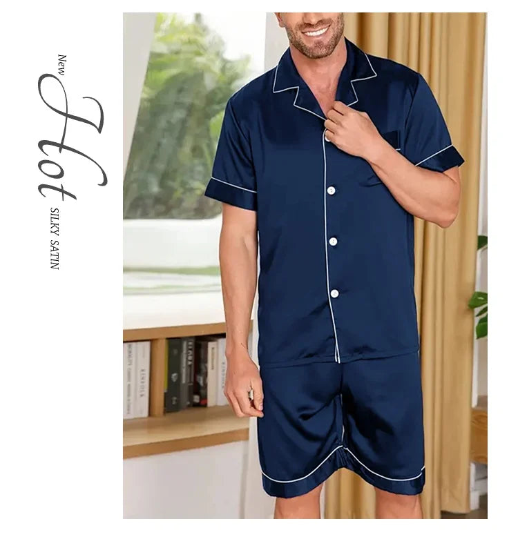 Men's pajamas set for summer short sleeve pocket button down shirt & Shorts Pyjama loungewear set sleepwear pijama home clothing