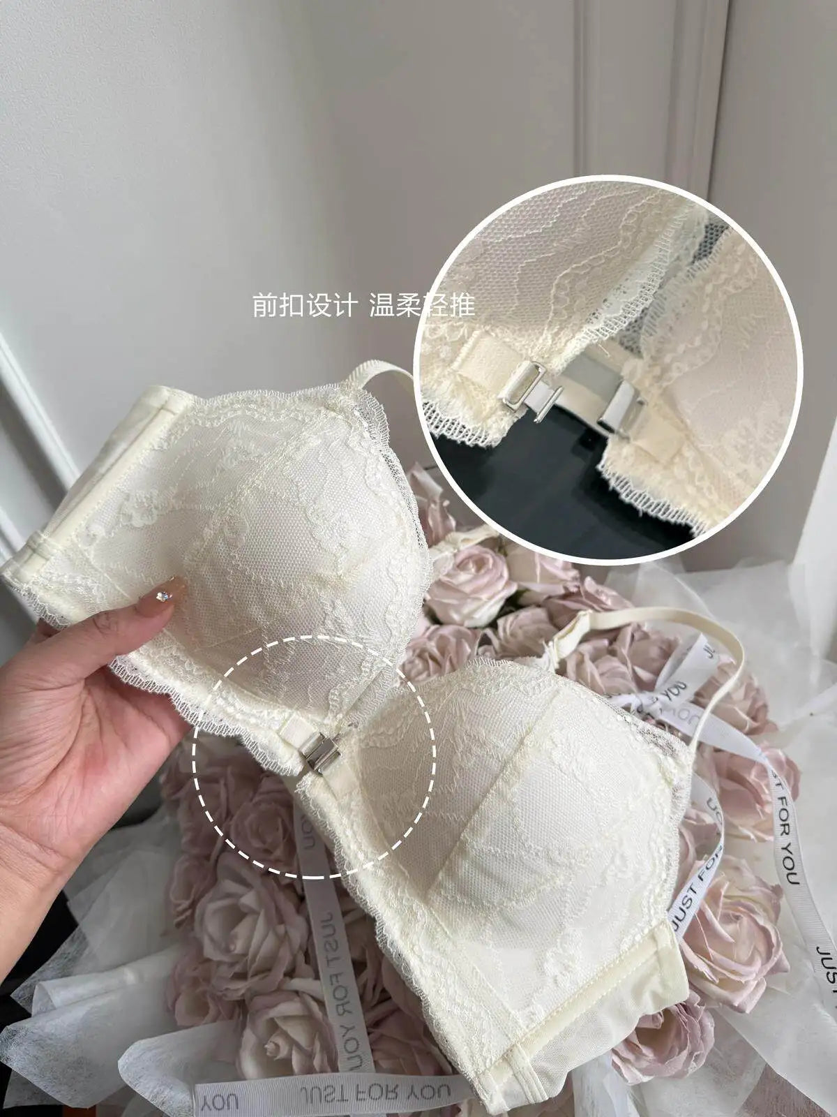 Women's Front Closure Bras Small Boobs Push Up Sexy French Lace Backless Anti Droop Side Smoothing Bandeau T-Shirt Bra