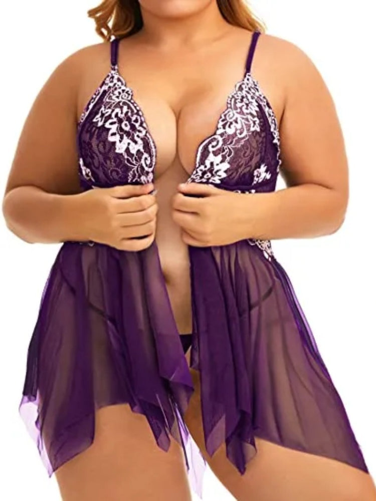 Plus Size Babydoll for Women Open Front Lingerie Sleepwear Lace See Through V Neck Nightgown Sexy Nightdress Maternity Negligee