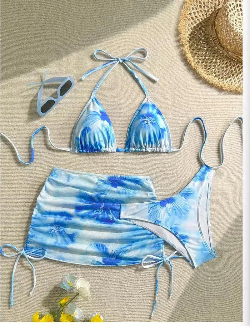 Sexy 3 Piece Bikini Set Women Printed Split Swimsuit Neck Strap Bathing Suit with Cover Up Skirt Swimwear Biquine Brasileiro