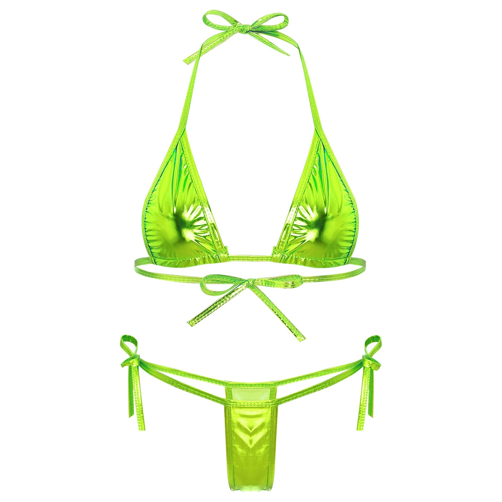 Womens Brazilian Micro Bikini Swimsuit Metallic Shiny Lacing Non-Padded Triangle Cup Bra Top with G-String Swimwear Biquini Set