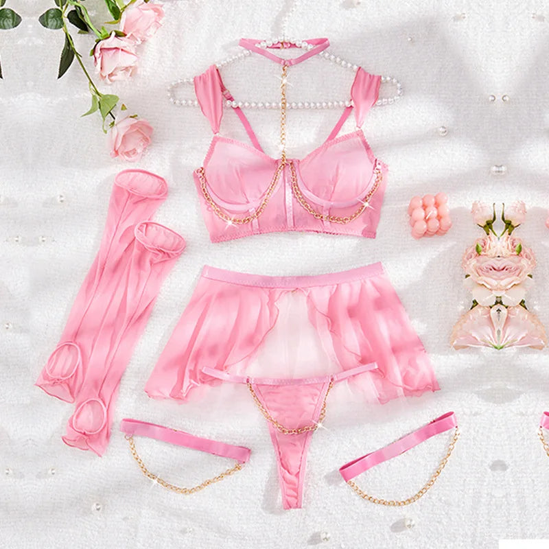 Sexy Lingerie Set with Gloves Pure Desire Skirt Women Solid Perspective Exotic Apparel Suit Female Elegant See Though Underwear