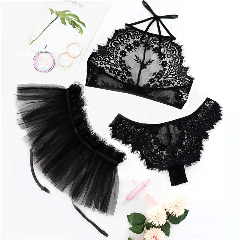 Sexy Lace Lingerie Sets See Through Erotic Bra Panties Garters Underwear Flirting Costumes Clothes Sex Outfits for Women