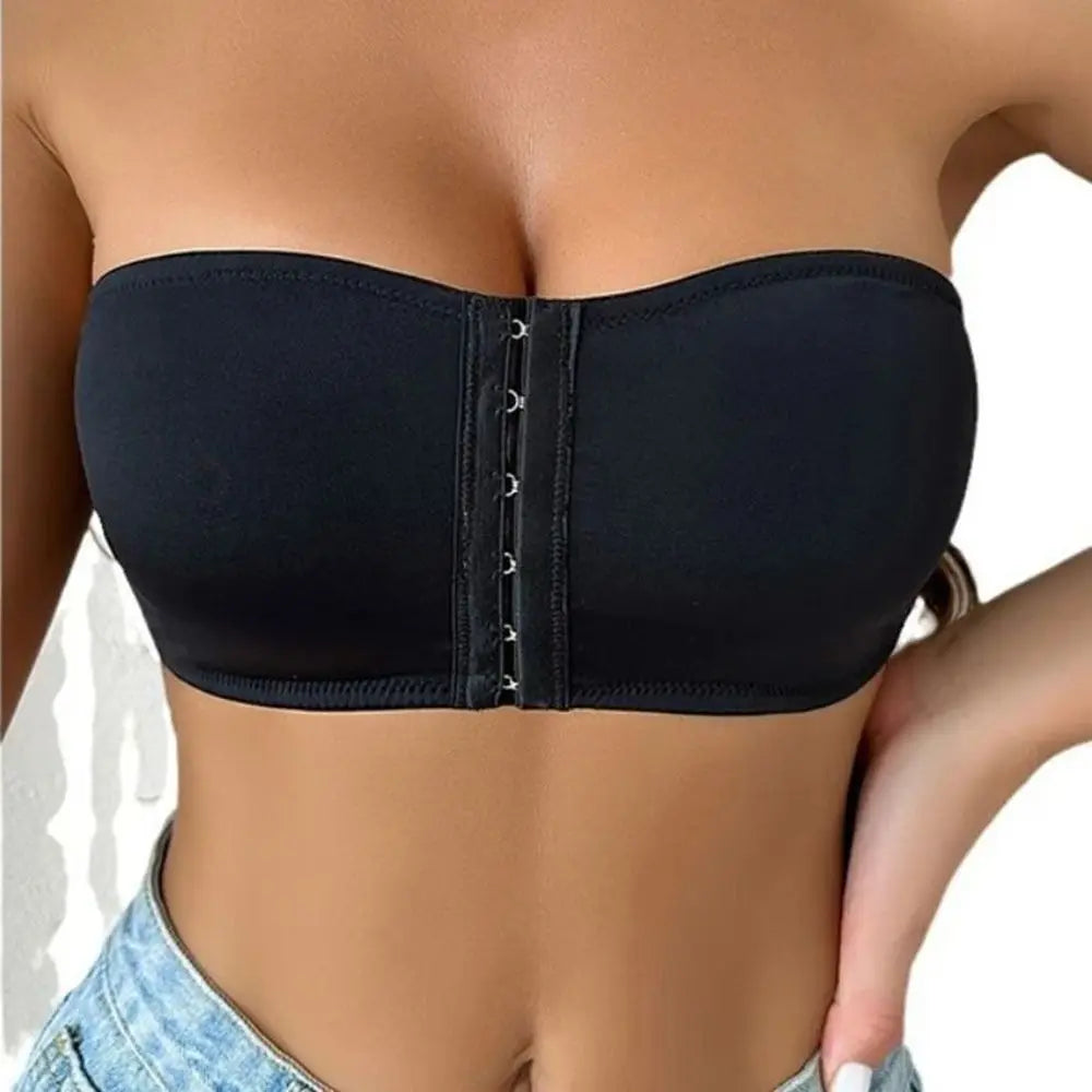 Strapless Front Button Bandeau Invisible Soft Cushion Tube Top Removable Padded No Underwire Wireless Bralette for Women