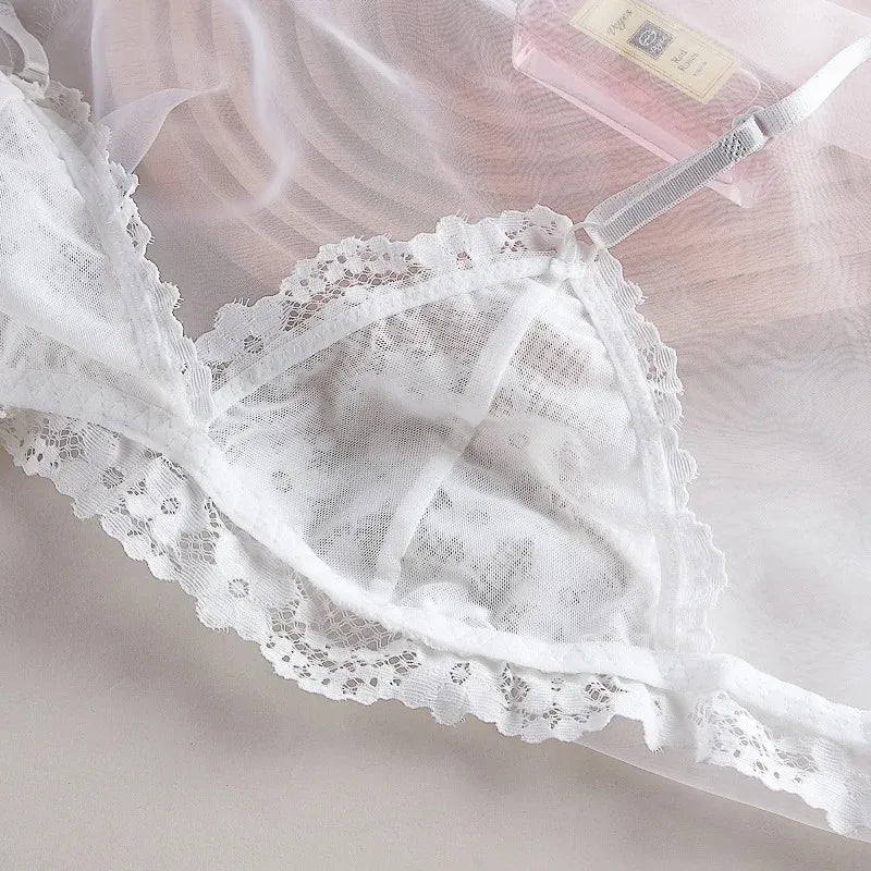 Women Sexy Lace Hollow Bra Suit Seamless Transparent Wire Free Bras Thin G String Panty Lingerie Set Unlined Bralette Set