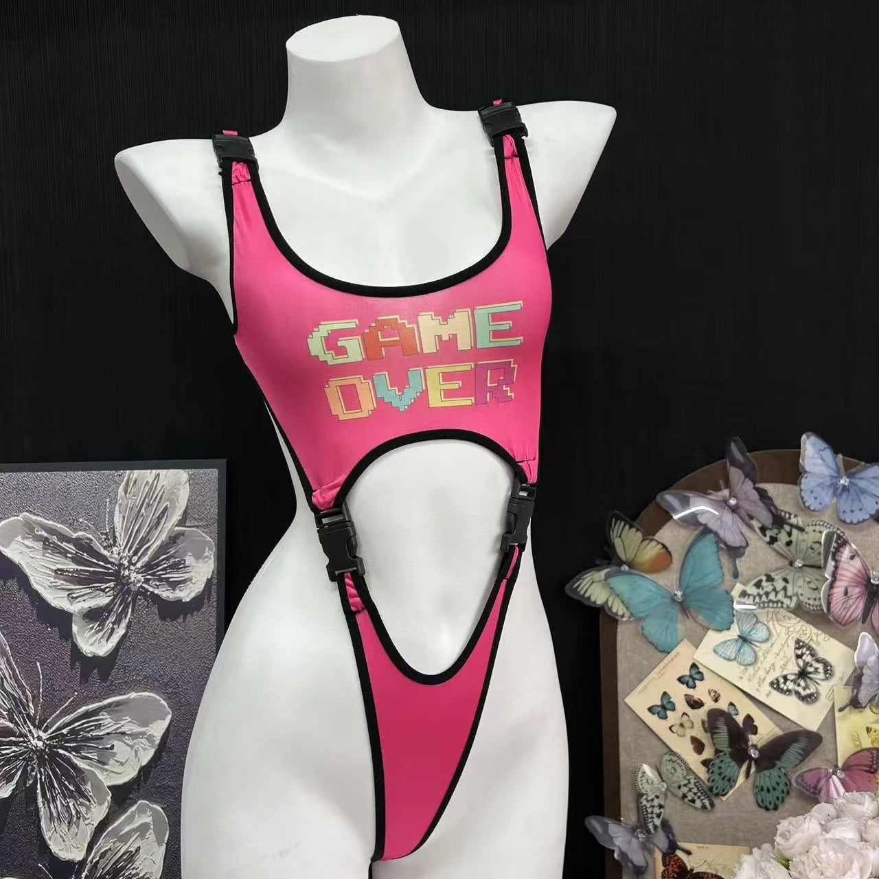 Sexy Lingerie Bodysuit Gaming Girl Sexy Sweet Girl Pure Desire Temptation High Elastic Print High-Cut Bikini Three-Point