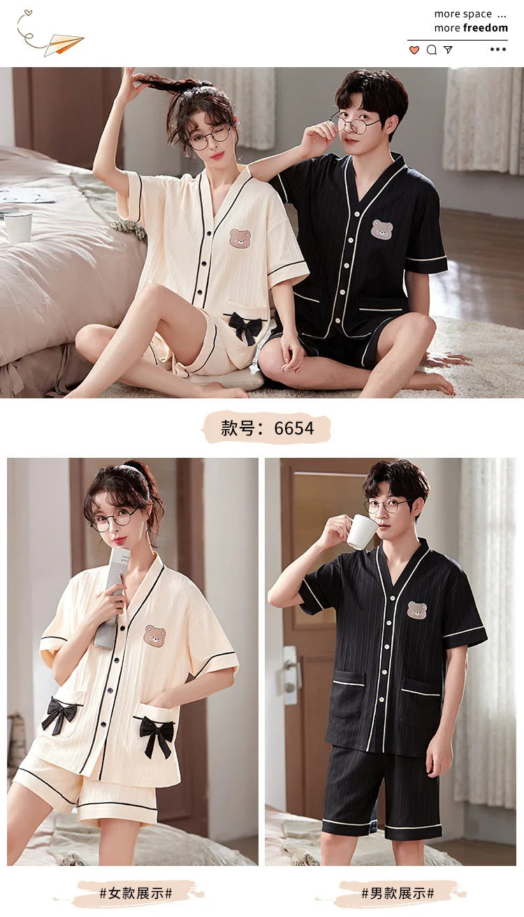 Summer Couple Pajamas Sets Cartoon Men Sleepwear Leisure Cotton Short Sleeve Women Kimono Homewear pijama Homme Mujer Dropship