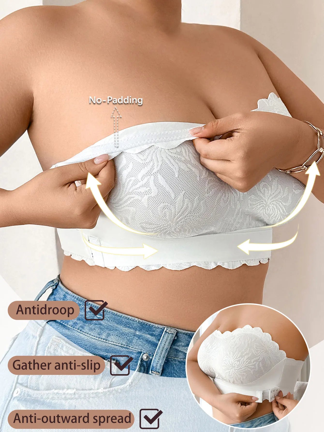 Strapless Bra 5XL Plus Size, Invisible Stick On Bustier with Lace & Adhesive, No Slip Backless Bra for Wedding Dress