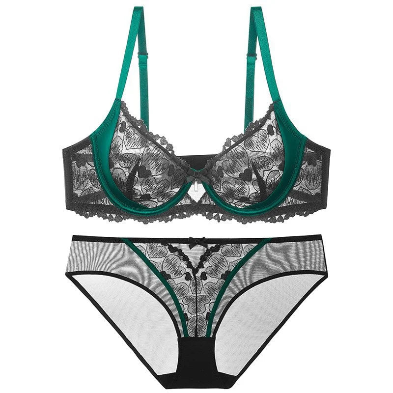 Ensemble Lingerie Luxe Français Dentelle Brodée Noir Mystère Rose Pur Soutien-Gorge Grand Découpe Cadeau Sensuel Design Élégant