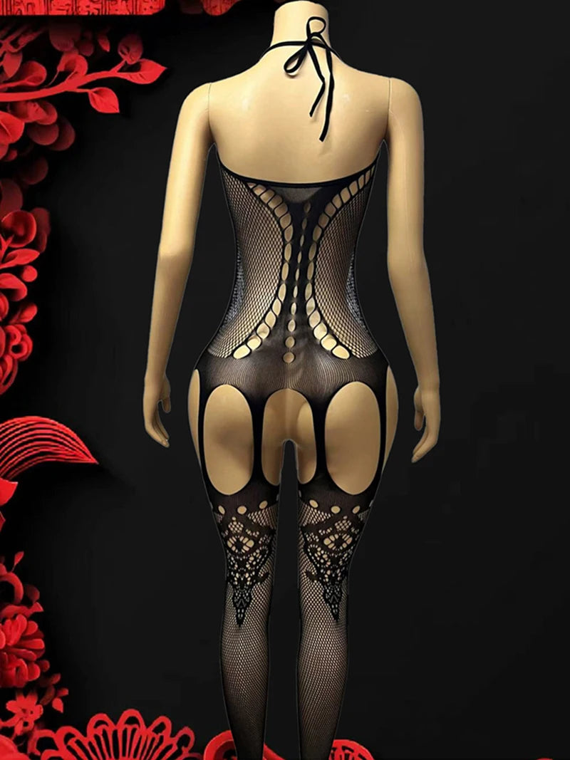 Porn Underwear Crotchless Babydolls Dress Erotic Costume Sexy Halter Neck Bodystockings Fishnet Hollow Baby Dolls Lingerie Women