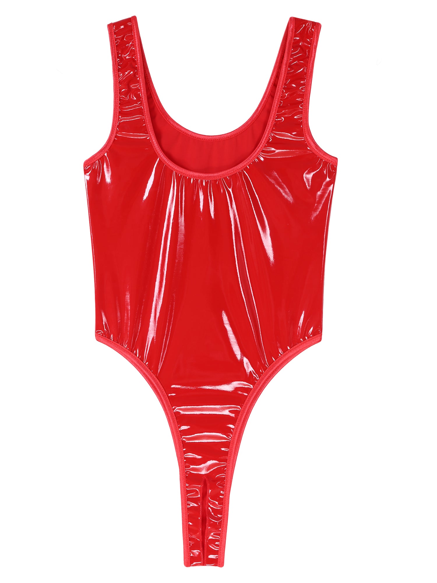 Womens Lingerie Crotchless Bodysuit Swimsuit U Neck Wet Look Patent Leather Clubwear High Cut Backless Catsuit Pole Dance Outfit