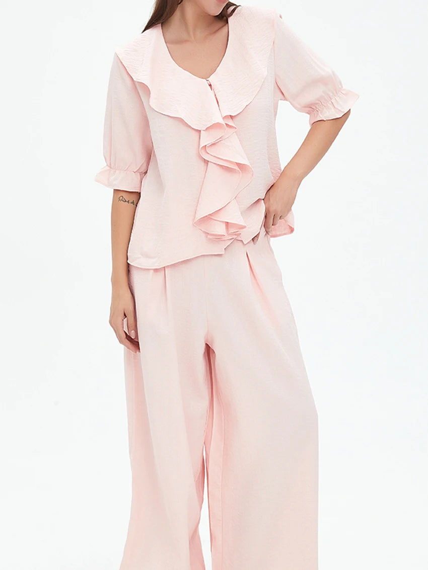 Women Linen Pajama 2 Piece Set Short Sleeve Front Ruffle Shirt PJs Pants Lounge Cute Sleepwear Casual Homewear Set