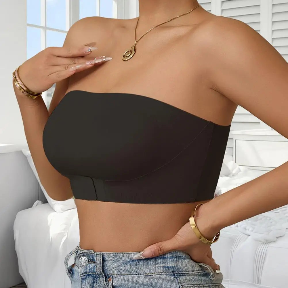 FrontWomens Strapless Bra Bandeau Closure Strapless Bra for Women Non-Slip Wireless Bandeau Bra Seamless Padded Tube Top