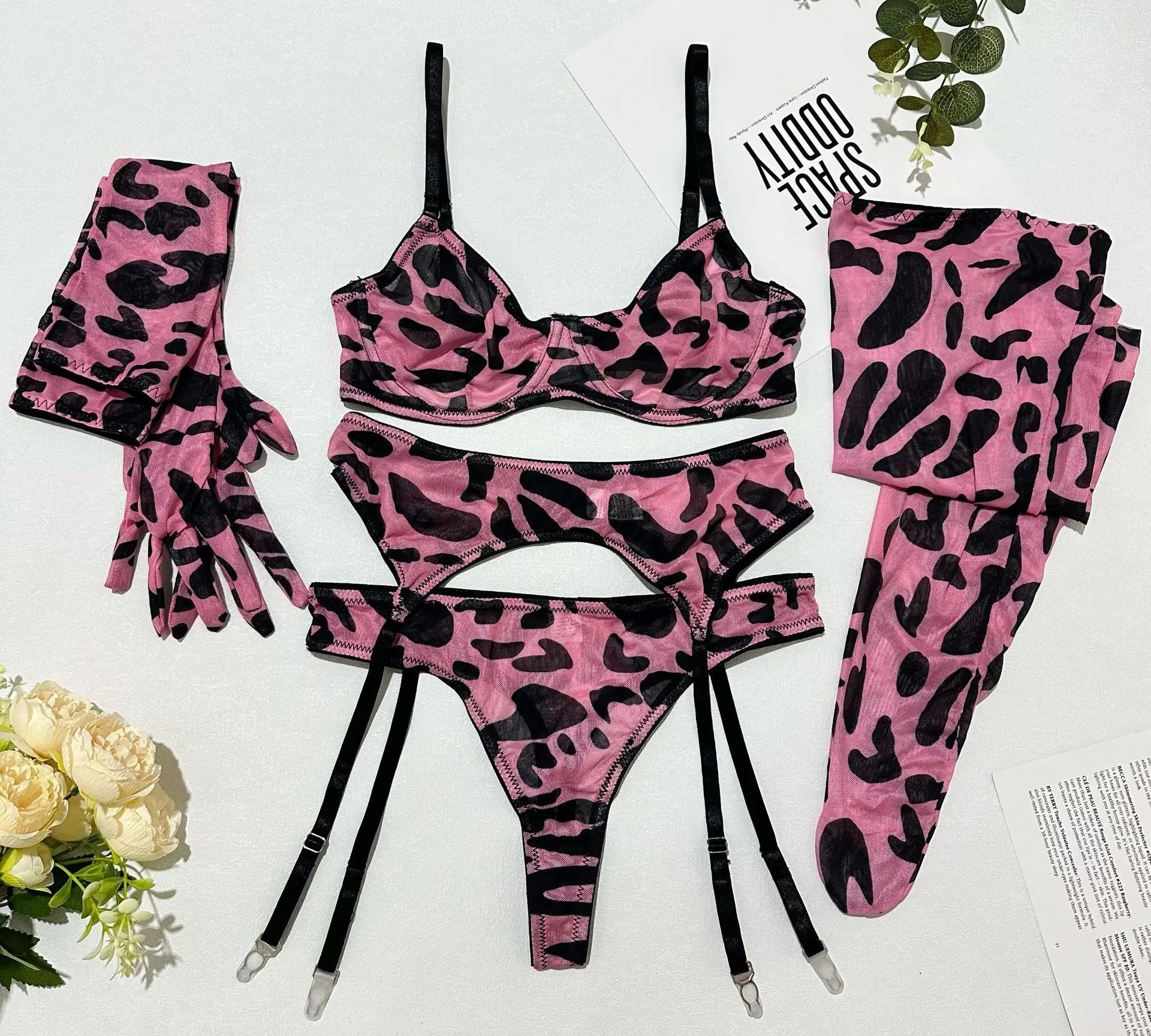 5Pcs Leopard Lingerie Set With Garter Belt Stockings Gloves Mesh Bra and Panty Set Strappy Underwear Erotic Costume For Women
