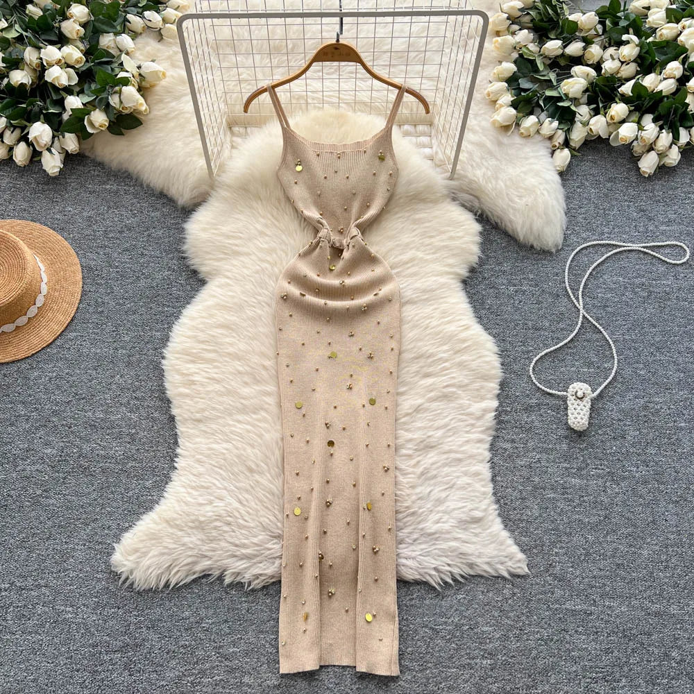 Sexy Knitting Split Long Dress Sleeveless Sequins Diamonds With Sashes Skinny Sundress 2025 Fashion Women Summer Dress