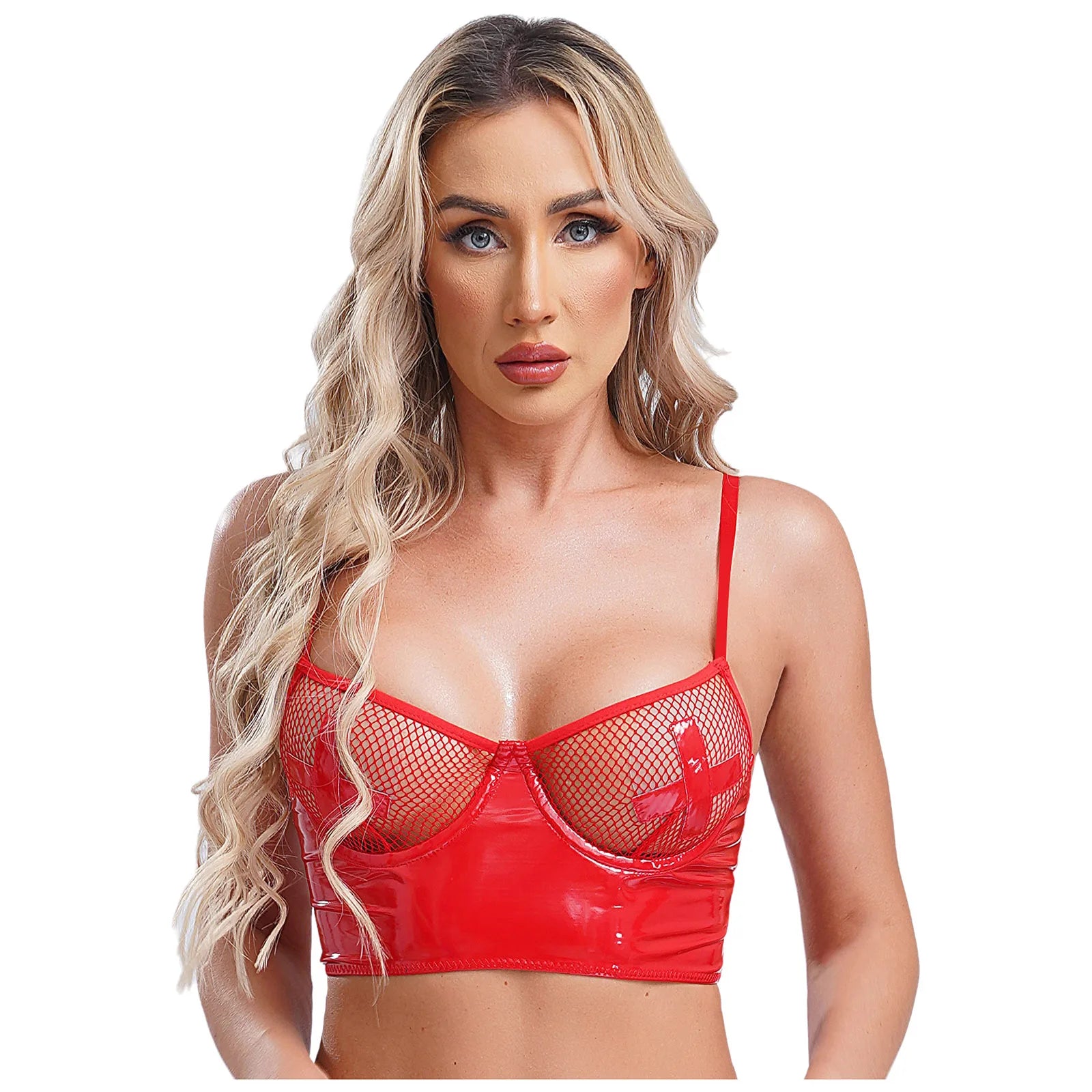 Womens Lingerie Fishnet Mesh Bra Bustier See Through Mesh Underwire Balconette Back Zipper Bras Sexy Push Up Wet Look Crop Top