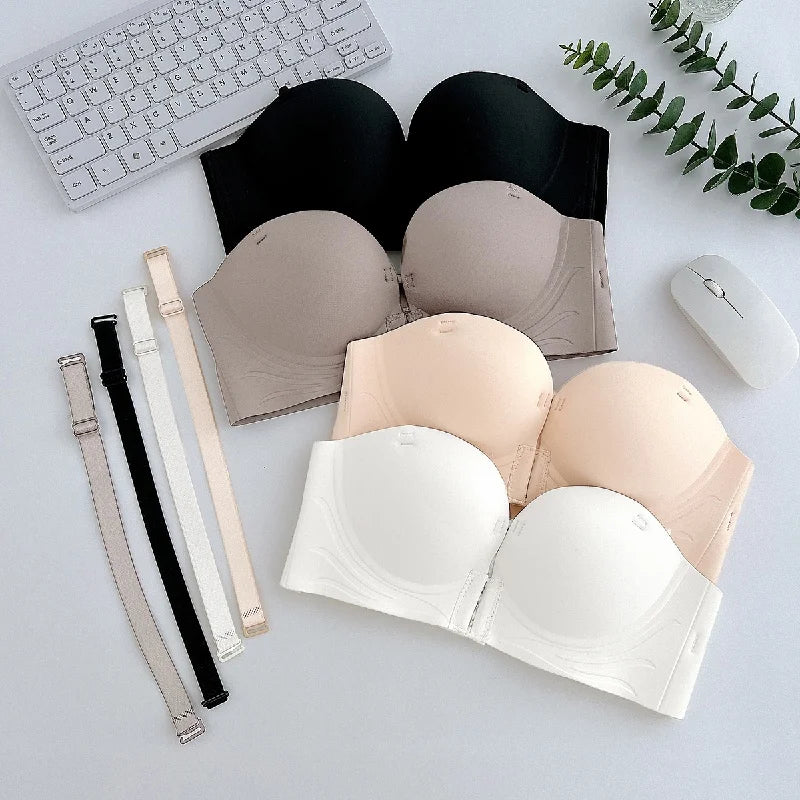 Strapless Bras Women Front Closure Seamless Brassiere Push Up Thick Underwear Adjustable Female Soft Solid Invisible Lingerie
