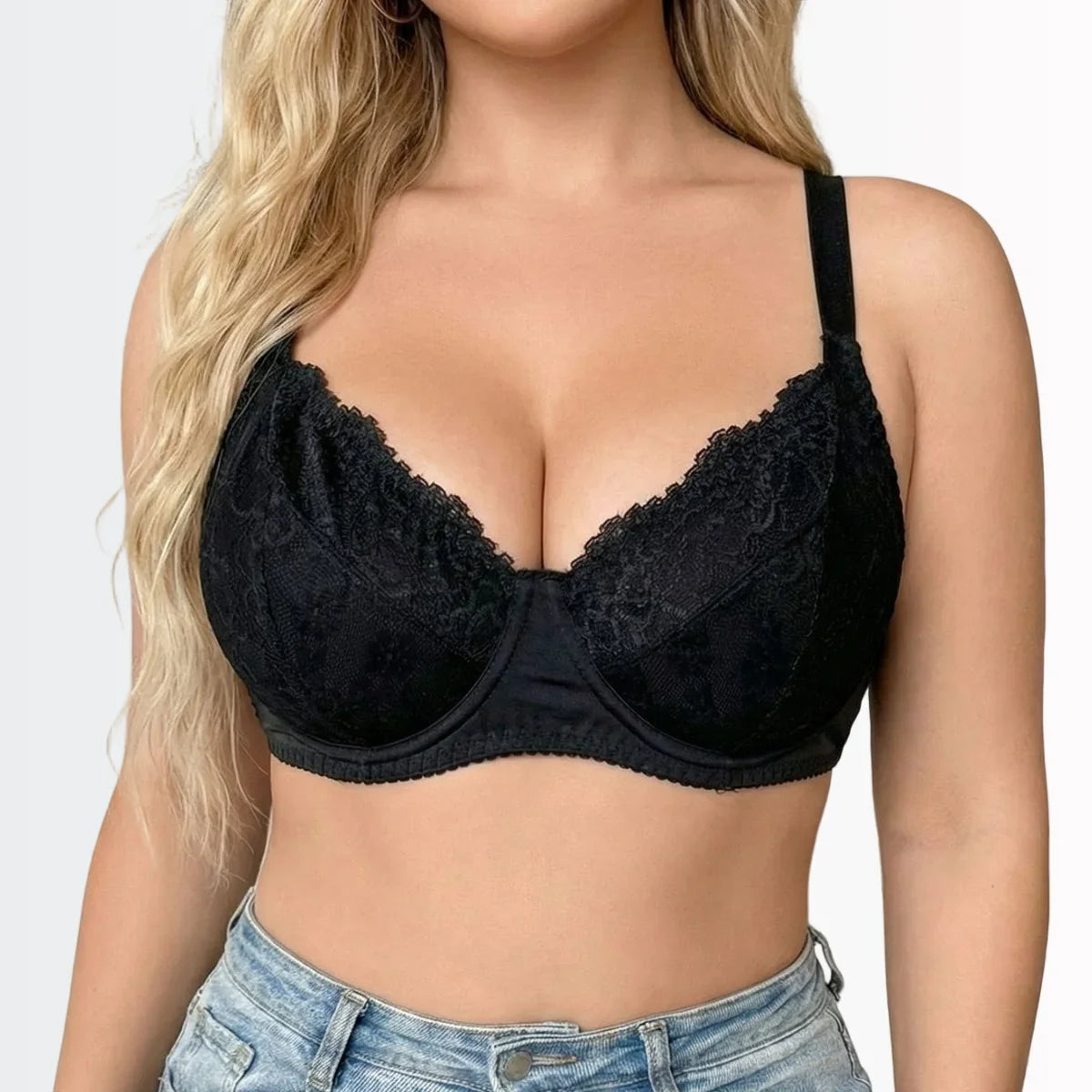 Plus Size Black Lace Underwire Push Up Bra Full Coverage Unlined Minimizer For Large Bust Daily Wear Lingerie For Women