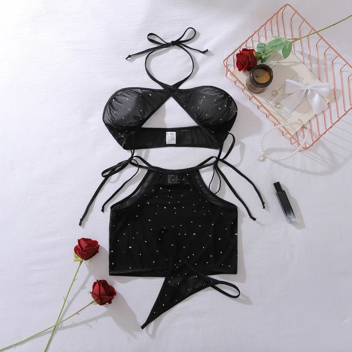 Lingeries Sexy Hot Women Black Cross Halter Hollow Bra Brief Skirt Starry Transparent Underwear Set 3 Piece Erotic Lingerie Sets