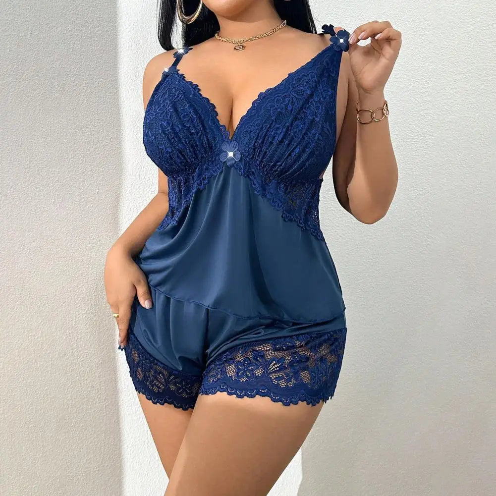 Women Plus Size Pajamas Set Sexy Lace Trim Cami Sleeveless Top And Shorts Nightwear Set Two-Piece Camisole Lounge Sleepwear Set