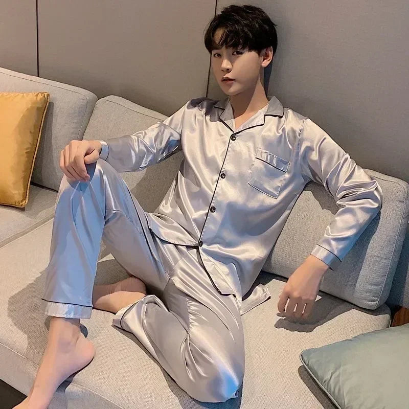 High Quality Men's Casual Pajama Sets Fashion Satin Long Sleeve Lapel Tops and Pants Homewaer Suit Men Comfort Lounge Sleepwear