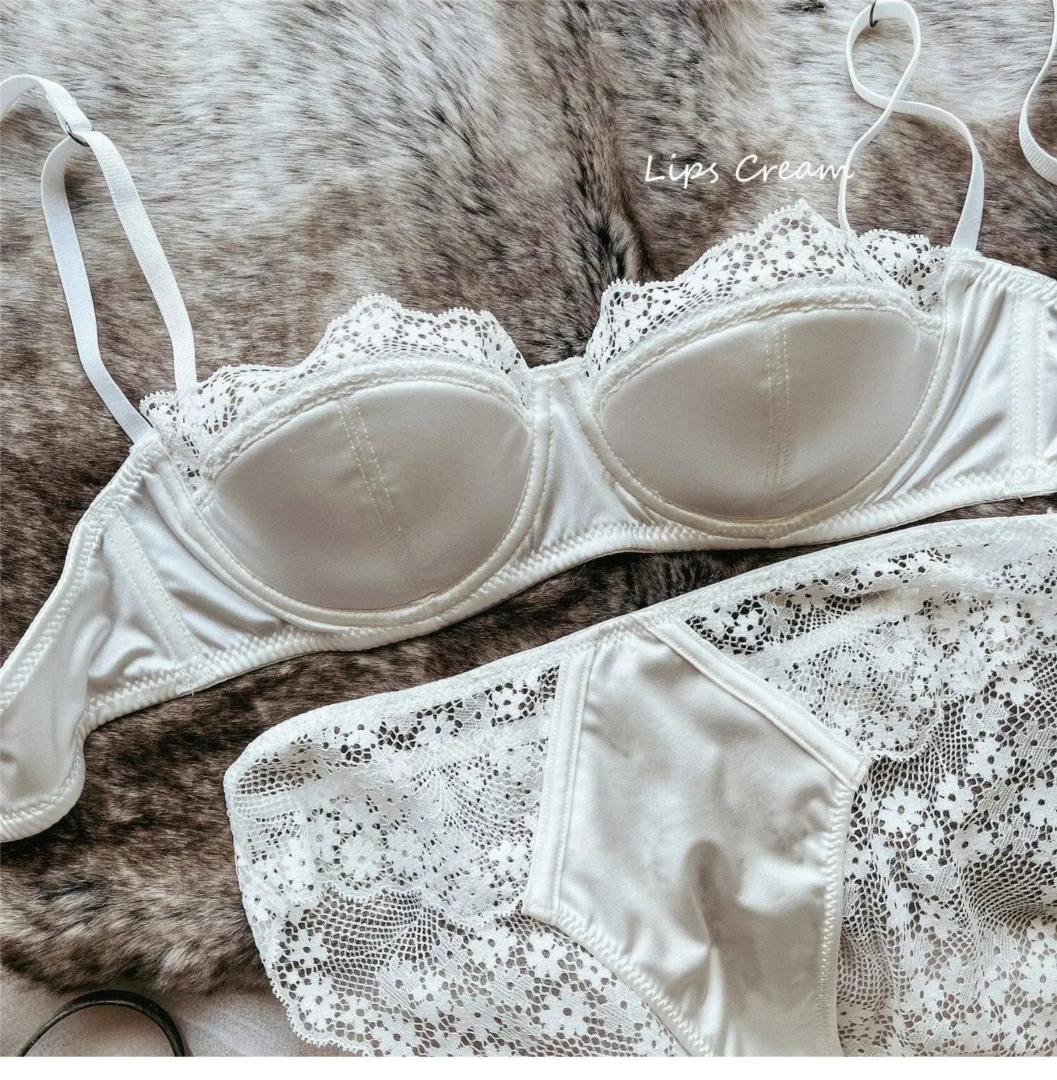 Elegant Sexy  Sheer Lace Balconette Minimizer Bra Set Underwire Push Up Anti-Sagging Side Support Bridal Lingerie for Big Bust