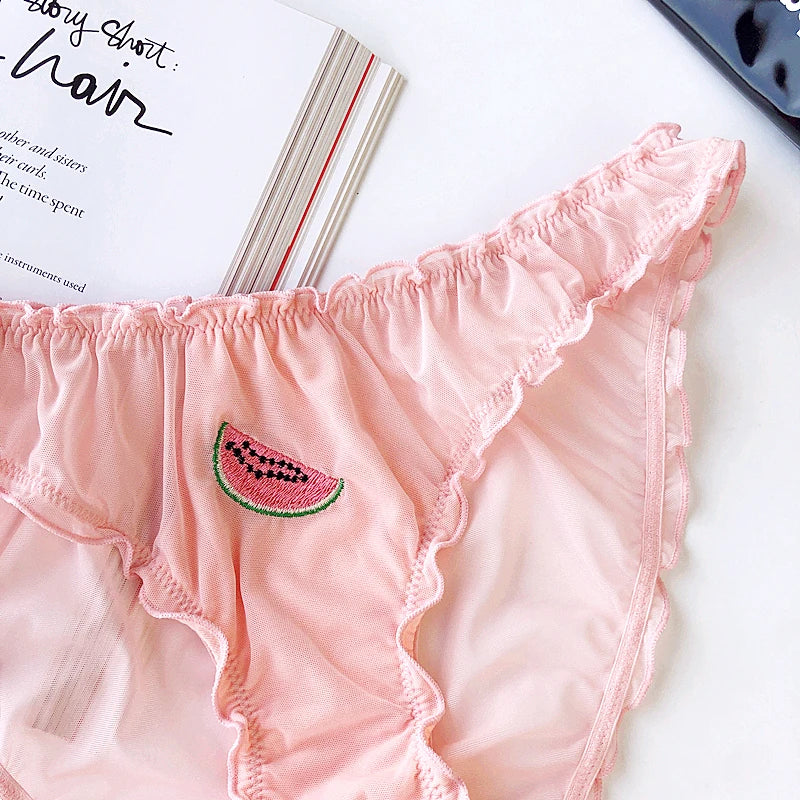 Women Sexy Lace Lingerie Temptation Low-waist Panties Fruit Ins Embroidery Transparent Briefs Seamless Sweet Underwear