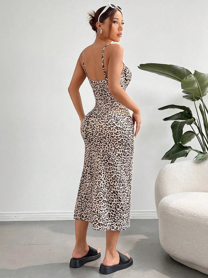 Summer slip dress women's slip bandeau tight height slit solid color leopard print hip skirt