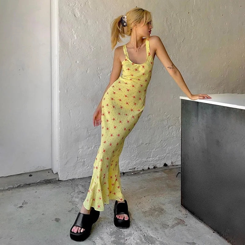 Women Slip Slim  Dress  Lady Elegant  Floral Yellow Long Dress Female Fashion Sexy Beach Vacation Dress