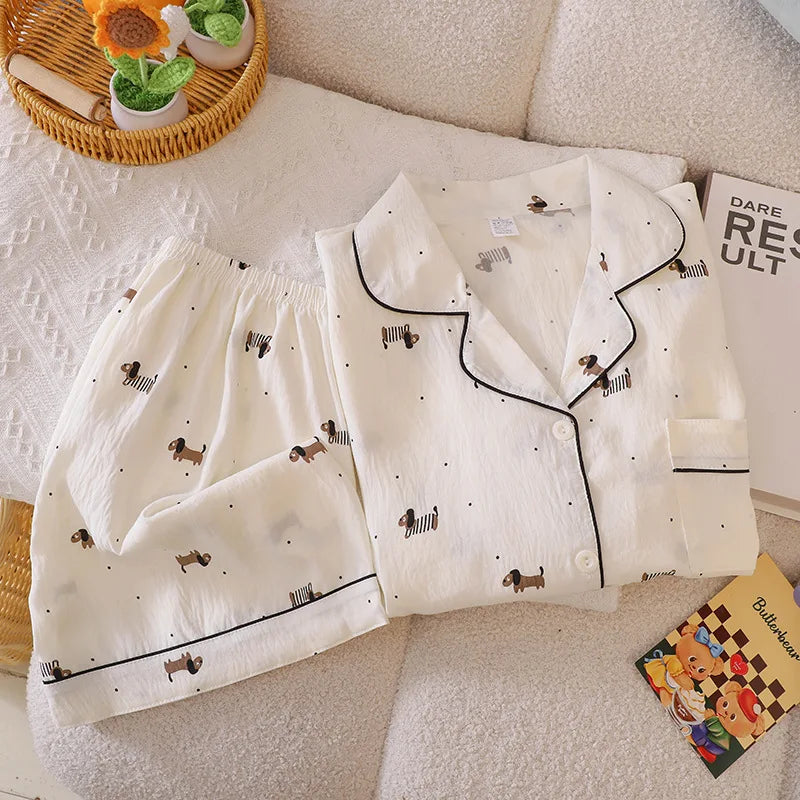 Pajama for Women Short Sleeves with High Luxury Feel Suitable for Outerwear Home Clothing Set Nightwear Homewear Small Dog Print