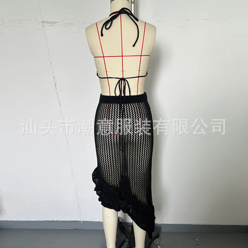 Sexy Women Bikini Two Piece Crochet Set Sleeveless Hollow Out Crop Top and Ruffled Skirt Outfit Summer Beach Knitted Cover Ups
