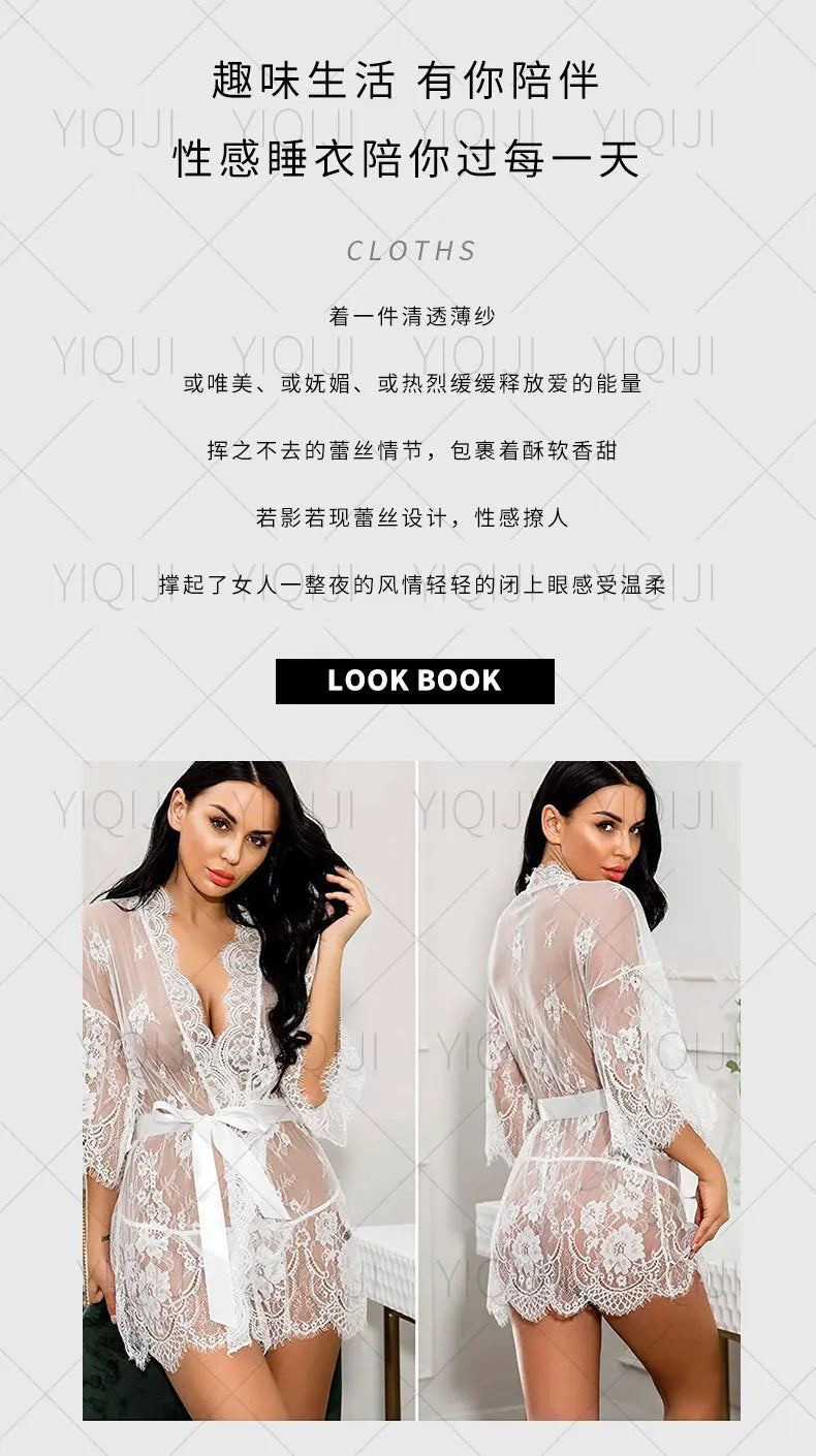 Sexy Women Lingerie Lace Night Dress Sleepwear Nightgown Bandage Deep V G-String See Through Sexy Sheer Sleep Dress Robe
