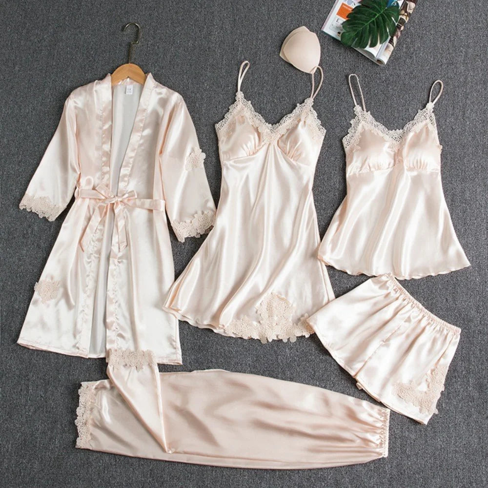 5pcs Silk Robe Sleep Suit Womens Lace Satin Pajamas Gown Set V-Neck Cami Nighties Wear Pijama Home Nightwear Spring Nightdress