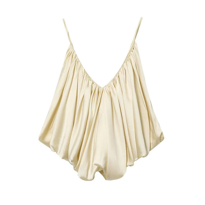 Women's Slip Tops Fashion Satin Pleated V-Neck Sleeveless Top Summer Sexy Female Chic Tops