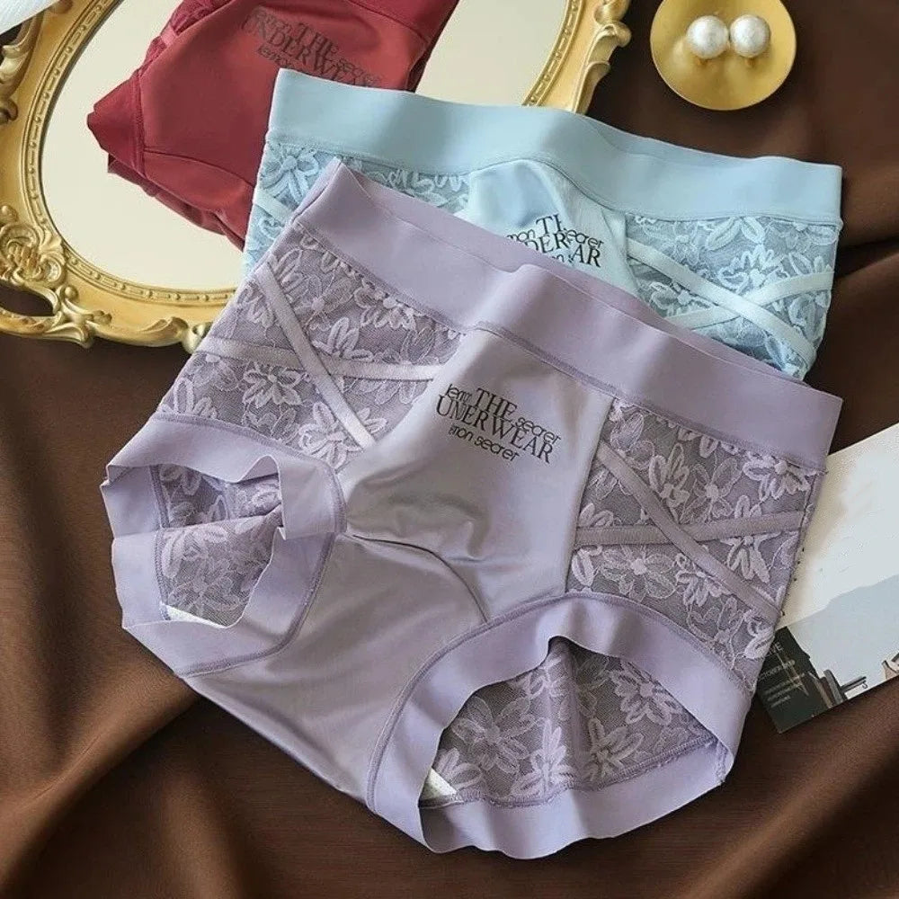 Lingerie French Style Lace Briefs Mesh Patchwork Satin Silk Panties Low Waist Transparent Lace Underwear Women Gifts