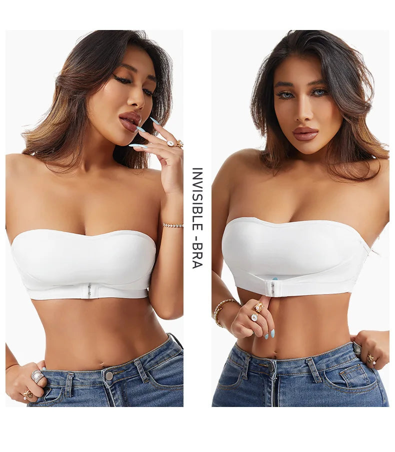 Daily Strapless and Wireless Women's Front Button Bra, Seamless Chest pad Comfortable Push-up Trendy Solid Color Lingerie