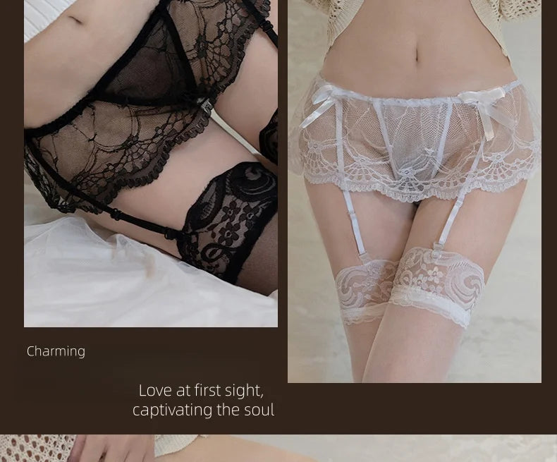 Sexy Lingerie Set with See-through Lace Garter Belt Stockings And Thong Underwear for Alluring Charm And Sensual Appeal