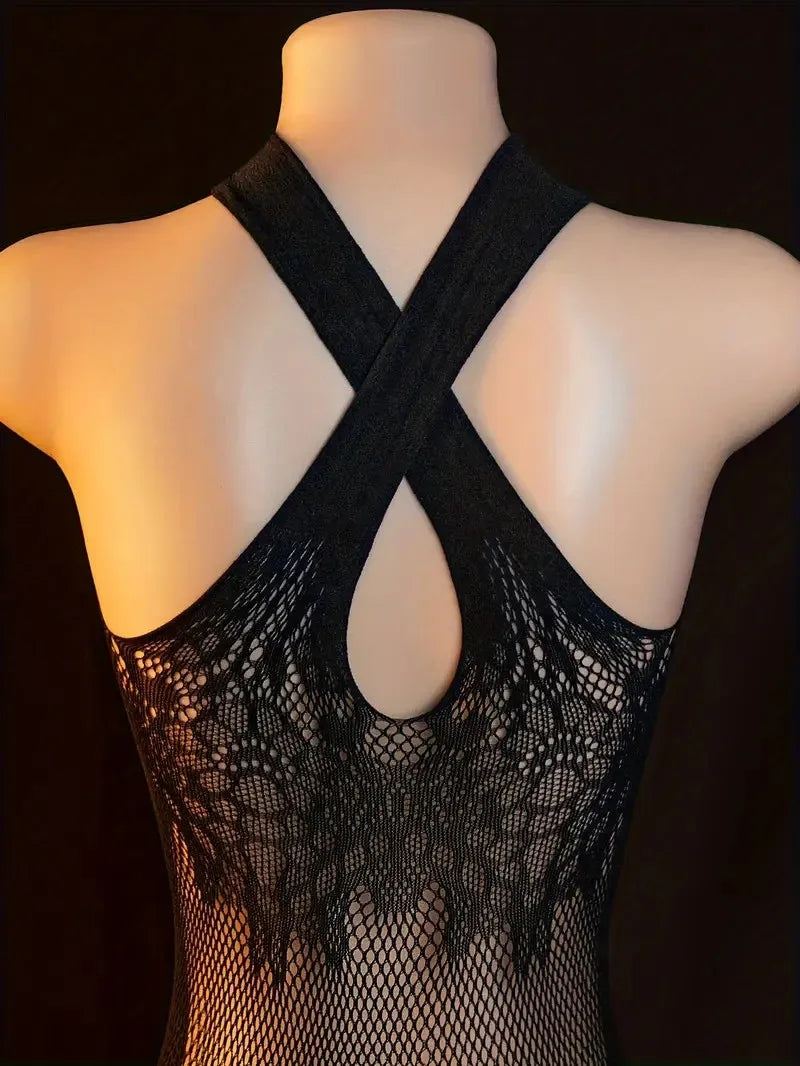 Sexy Fishnet Hollow Lingerie Sets Women Cross Legged Crotchless Bodystockings Sling Hanging Neck Open Bras Underwear Body Suits