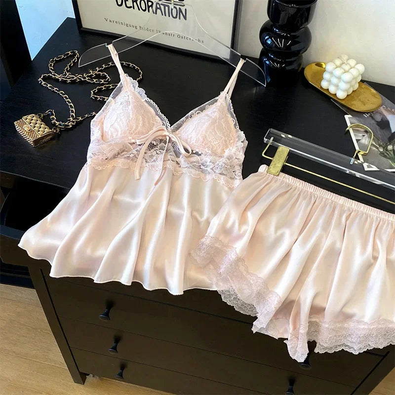 Sexy Intimate Lingerie Pajamas Set Hollow Out Lace Cami Shorts Pijamas Suit Spring Summer New Sleepwear Home Clothes Loungewear