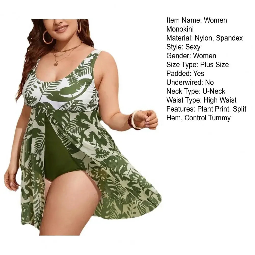 Plant Print Split Hem Monokini Flattering Plus Size One-piece Swimsuits for Women U-neck Summer Skirt Style Split Bathing Suit