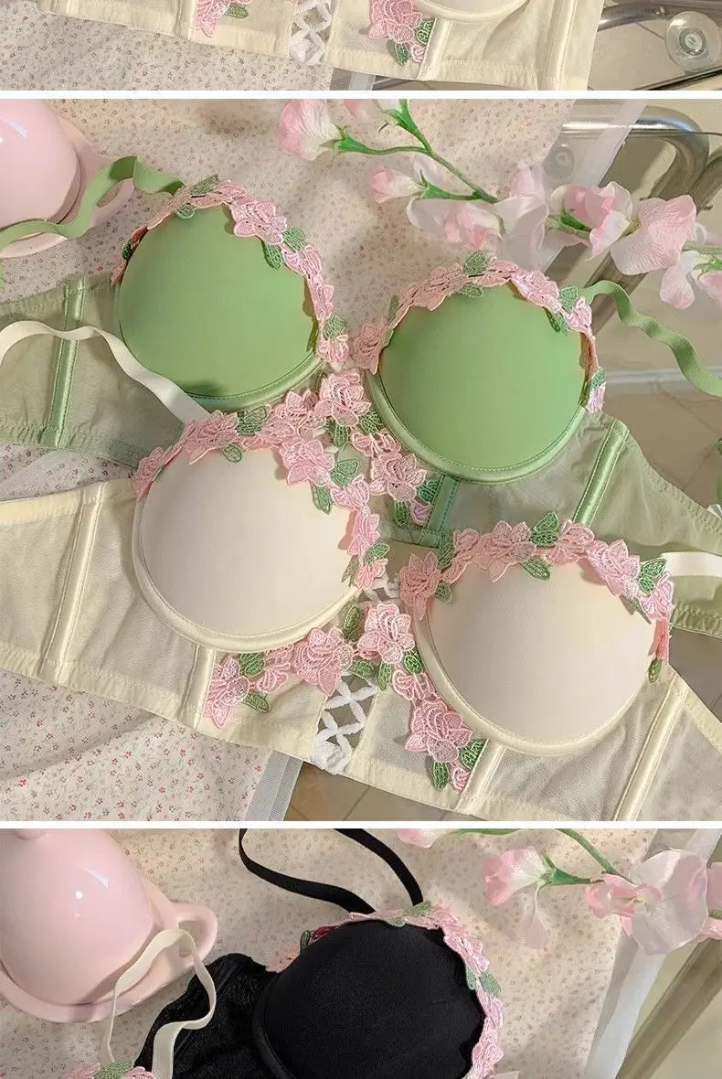 New French Retro Sexy Lace Sweet Floral Embroidery Bra Push-up Bra