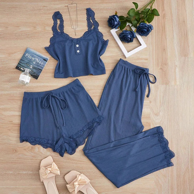 Summer 3PCS Pajama Sets for Women's Solid Vest Shorts and Pants Paired with Lace Splicing for Homewear Sexy Sleepwear Sets